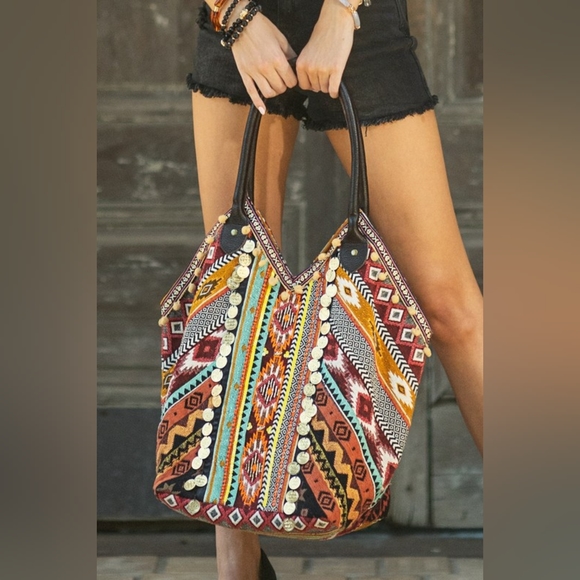 Boho Chic Shoulder Tote Bag - Handmade Artisan Crafted Patchwork w/ Coin Charms - Picture 2 of 8